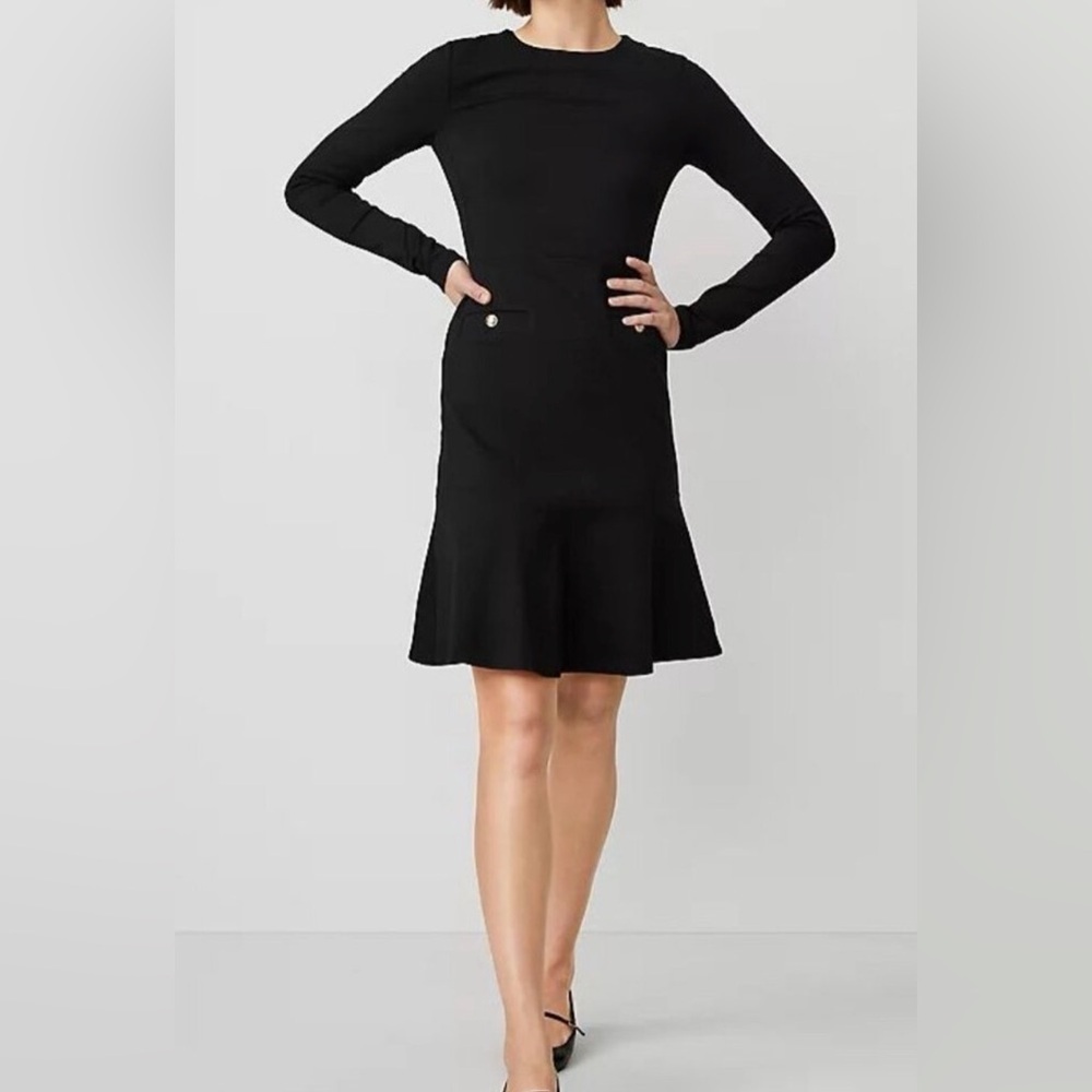 ANN TAYLOR BLACK CREW NECK LONG SLEEVE FLARE DRESS SZ 14